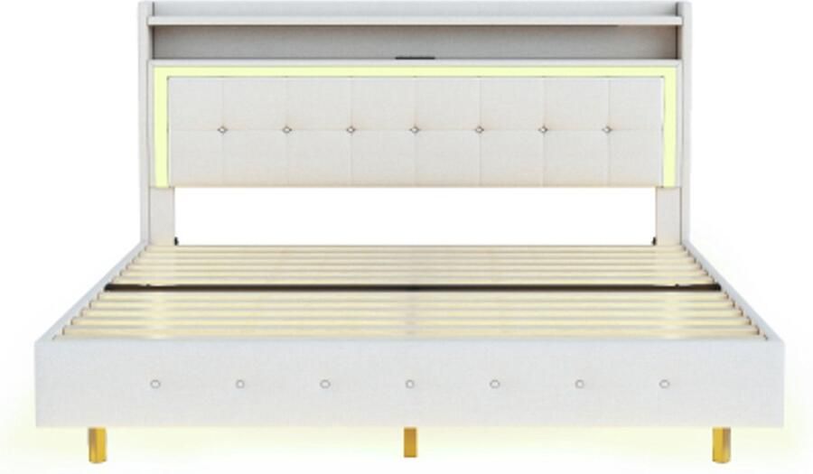 Gotagee Gestoffeerd bed 160x200 met USB-aansluiting en LED-verlichting bed kan aan het hoofdeinde worden geplaatst verborgen voeteneinde tweepersoonsbed linnen stof beige