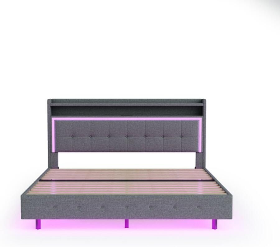 Gotagee Gestoffeerd bed 160x200 met USB-aansluiting en LED-verlichting bed kan aan het hoofdeinde worden geplaatst verborgen voeteneinde tweepersoonsbed linnen stof grijs