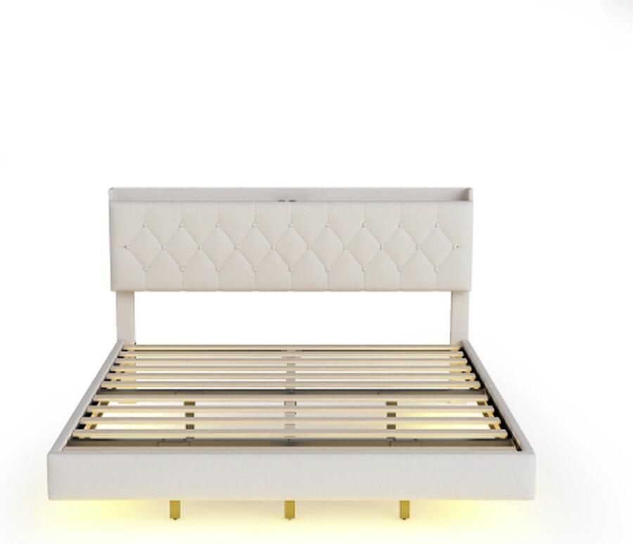 GOTAGEE Polsterbed met USB-laadstation en LED-kleurveranderende lichtstrip Tweepersoonsbed in linnenstof met lattenbodem