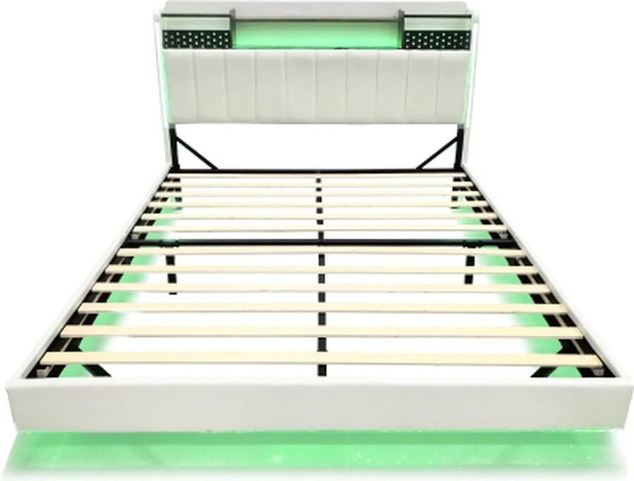 Gotagee Gestoffeerd bed 160x200 met USB-oplader en LED-verlichting hoofdbord met opbergruimte zwevend bed Leinen