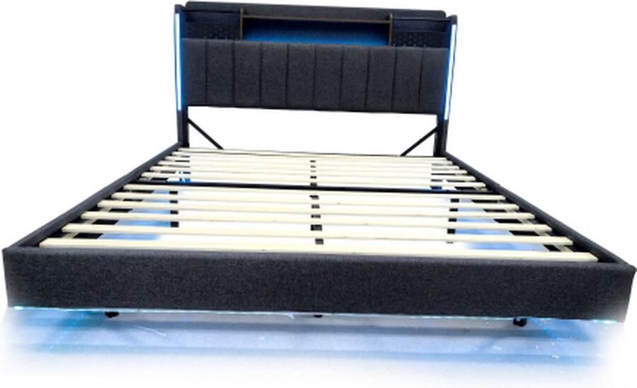 Gotagee Gestoffeerd bed 160x200 met USB-oplader en LED-verlichting hoofdbord met opbergruimte zwevend bed Leinen