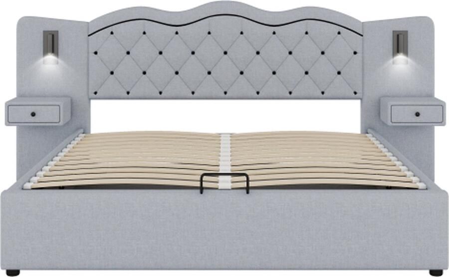 Gotagee Gestoffeerd bed 160x200cm Hydraulische opbergruimte USB jeugdbed met geïntegreerd nachtkastje Kinderbed zonder matras Slaapkamermeubilair