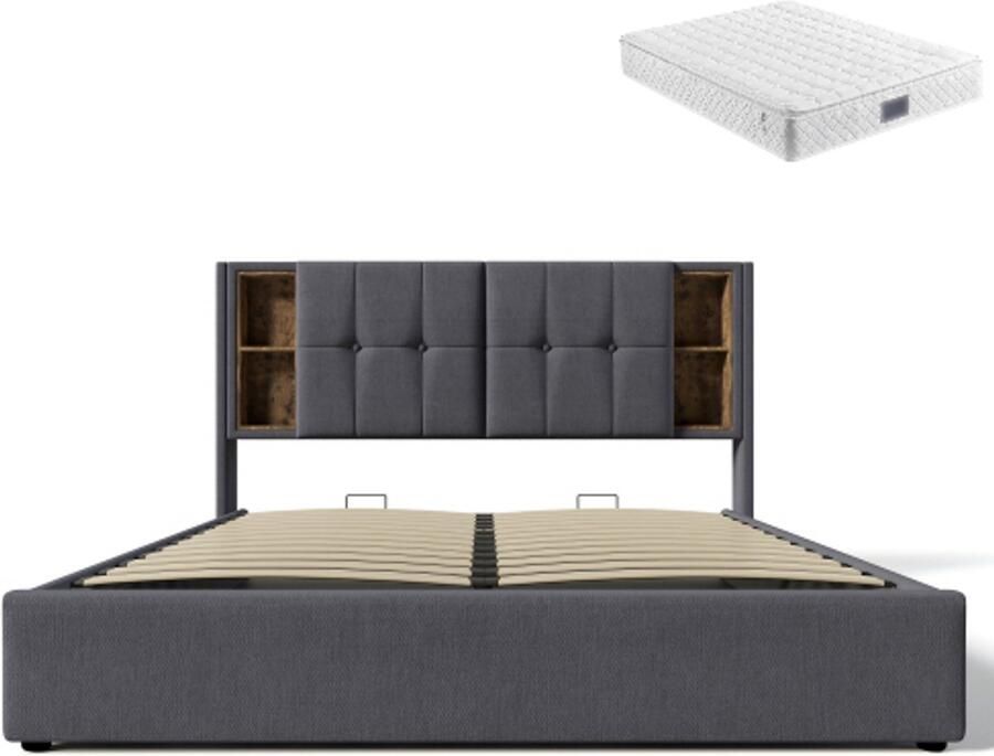 Gotagee Gestoffeerd bed 160x200cm tweepersoonsbed (met matras) jeugdbed multifunctioneel bed vlak bed opbergbed draadloos opladen grijs katoen