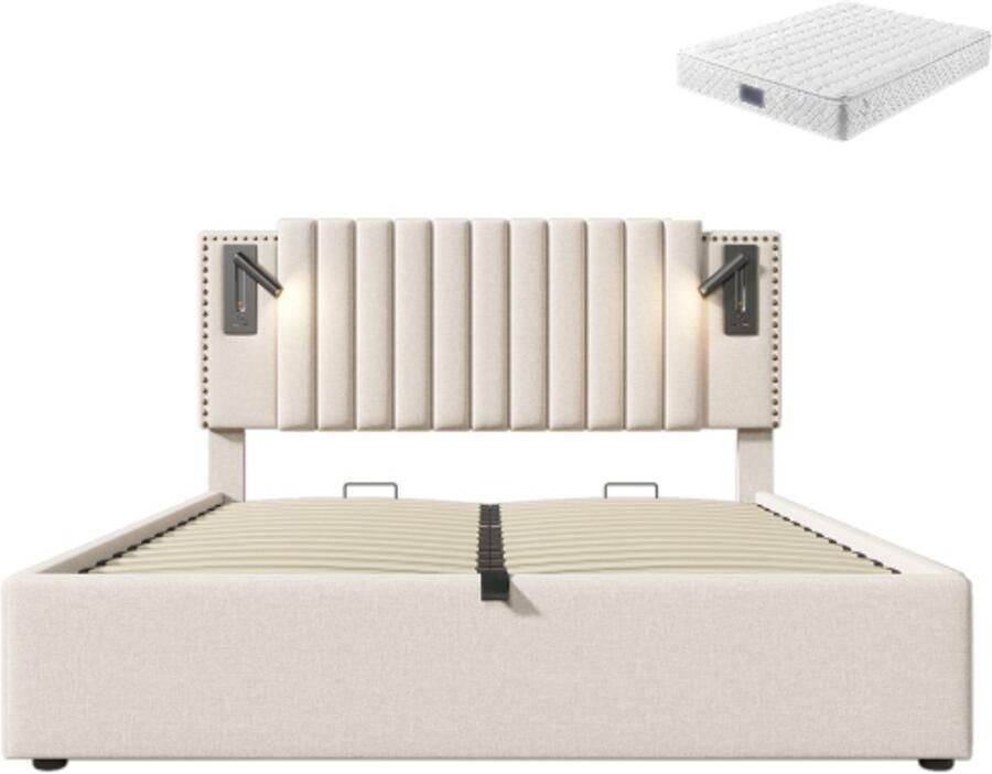 Gotagee Gestoffeerd bed 160x200cm tweepersoonsbed (met matras) katoen beige opbergbed met leeslampje en USB-oplaadfunctie rugleuning met klinknagelontwerp