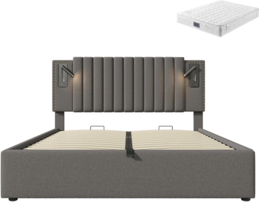 Gotagee Gestoffeerd bed 160x200cm tweepersoonsbed (met matras) katoen grijs opbergbed met leeslampje en USB-oplaadfunctie rugleuning met klinknagelontwerp