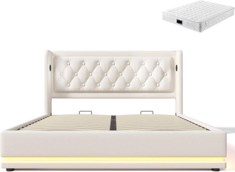 Gotagee Gestoffeerd bed 140x200cm tweepersoonsbed (met matras) wit PU hydraulisch opbergbed met USB Type-C oplaadfunctie en 3-zijdige LED-functie