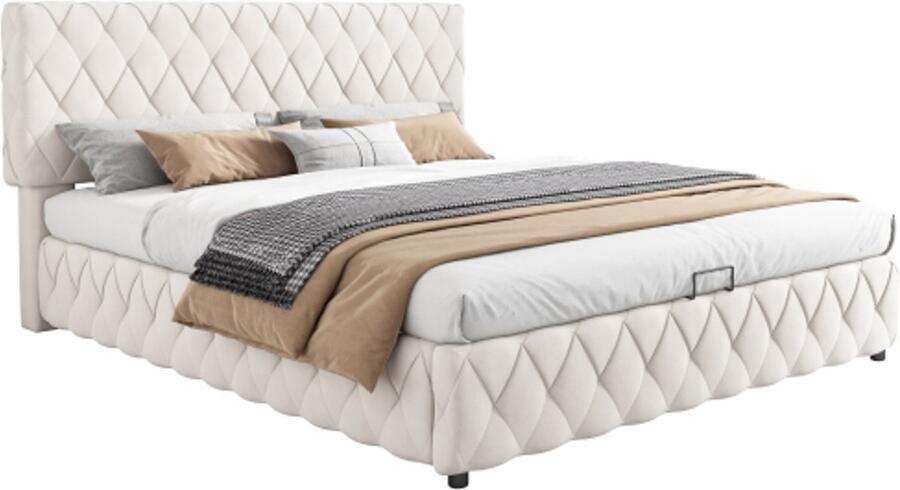Gotagee Gestoffeerd bed 160x200cm tweepersoonsbed opbergbed functioneel bed hydraulisch bed met opbergruimte fluweel beige