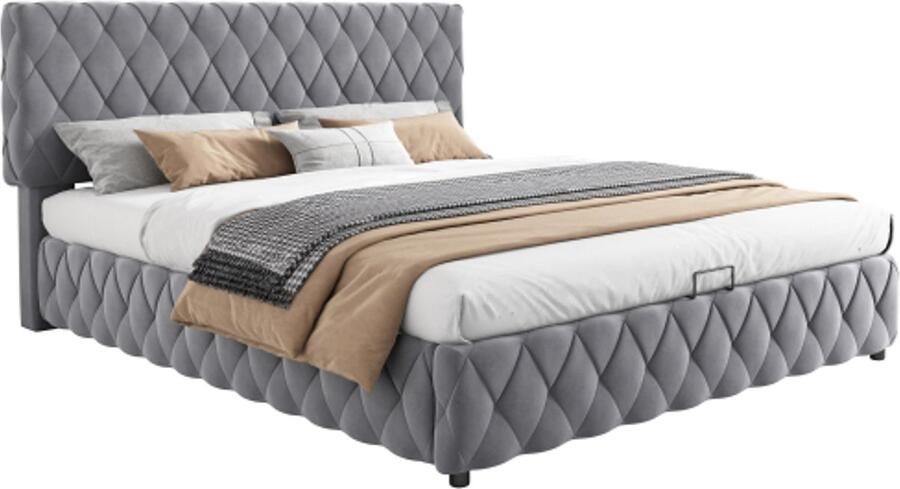 Gotagee Gestoffeerd bed 160x200cm tweepersoonsbed opbergbed functioneel bed hydraulisch bed met opbergruimte fluweel grijs