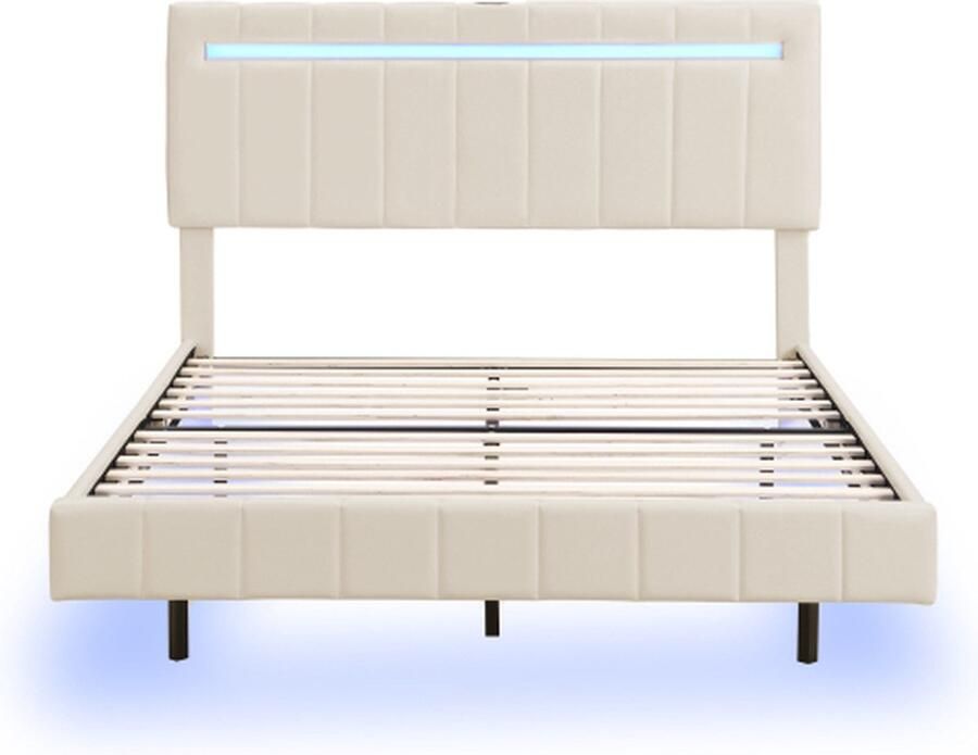 Gotagee Gestoffeerd bed 160x200cm Tweepersoonsbed (zonder matras) met LED Linnen Beige