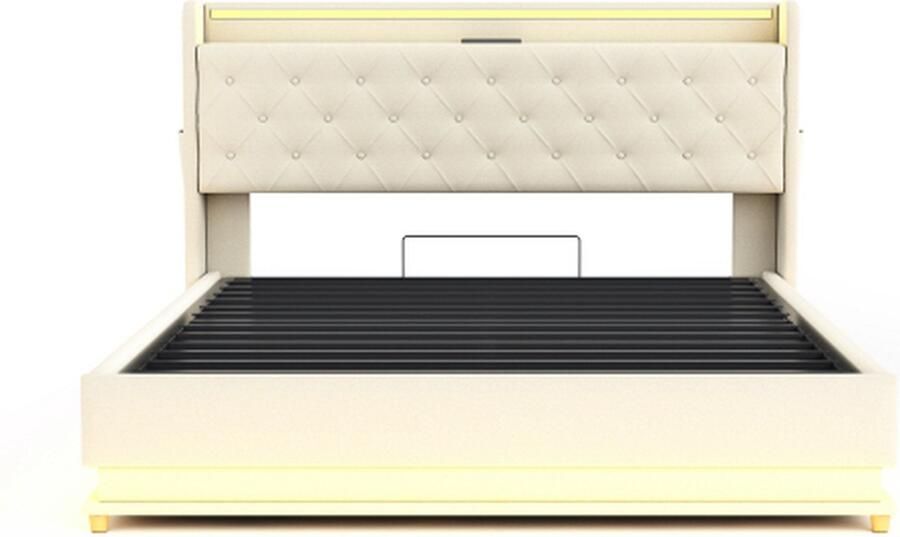 Gotagee Gestoffeerd bed 160x200cm Tweepersoonsbed (zonder matras) met USB en LED Linnen Beige
