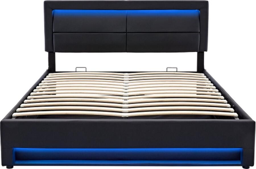 Gotagee Gestoffeerd bed 160x200cm (zonder matras) met USB-poort LED-verlichting en opbergruimte ondersteunt draadloos en bedraad opladen PU zwart