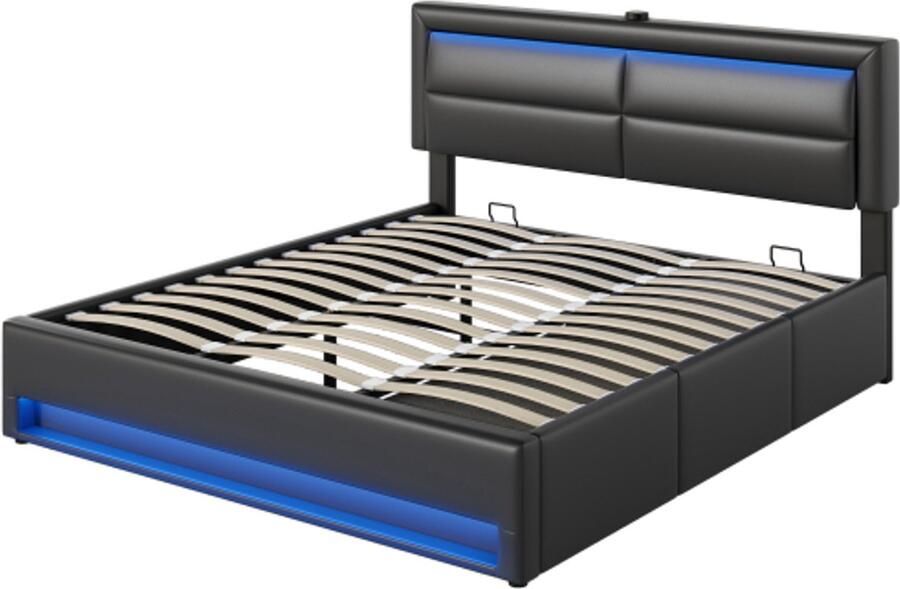 Gotagee Gestoffeerd bed 180 x 200 cm hydraulisch met USB-poort (ondersteunt draadloos en bekabeld opladen) met ledverlichting en 3 opbergladen zonder matras PU lychee-design zwart