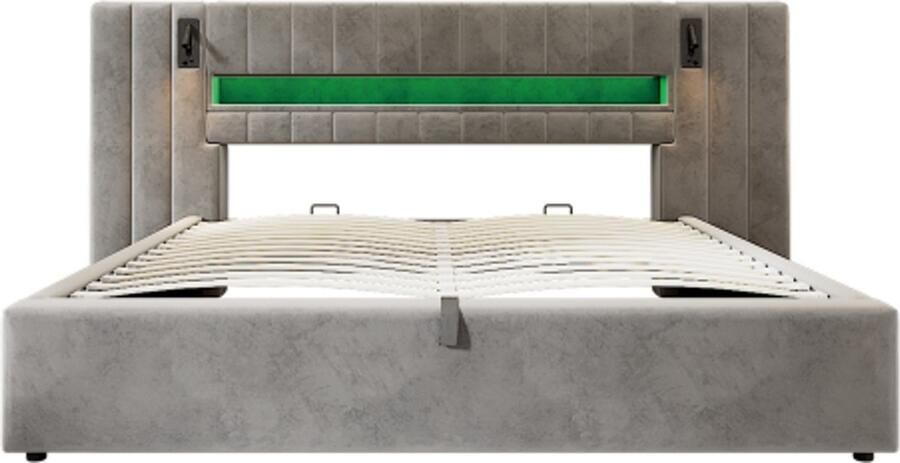 Gotagee Gestoffeerd bed 180 x 200 cm met USB-aansluiting tweepersoonsbed opbergbed functioneel bed met ledverlichting met bedlamp met opbergruimte zonder matras fluweel grijs