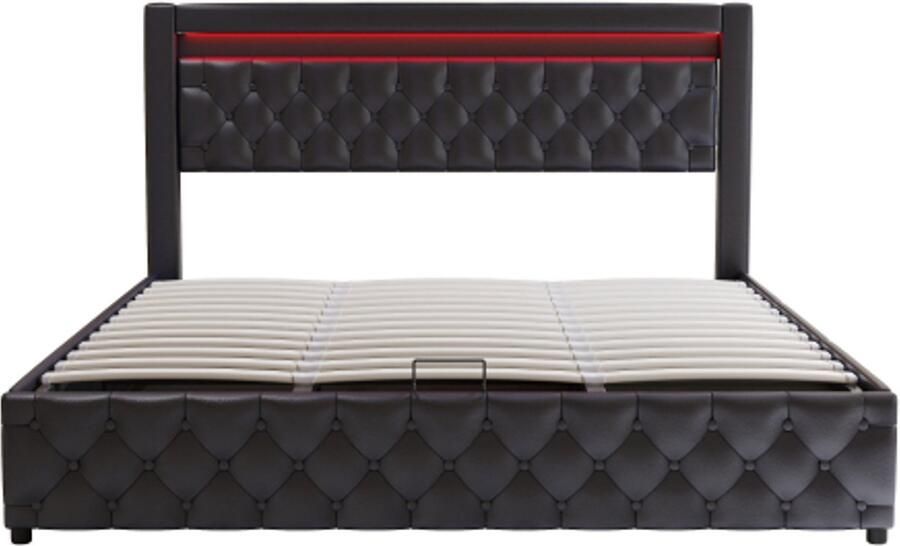 Gotagee Gestoffeerd bed 180 x 200 cm tweepersoonsbed opbergbed functioneel bed met lattenbodem en opbergruimte met laden met gekleurde LED-lichtbalk opbergfunctie zwart PU