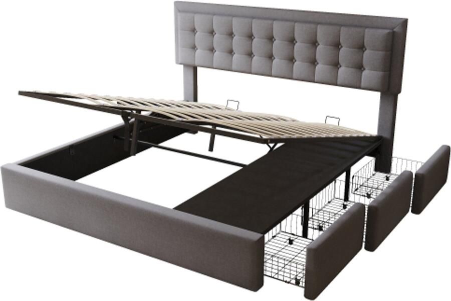 Gotagee Gestoffeerd bed 180 x 200 met 3 lades hydraulisch bed trekpunten aan het hoofdeinde lattenbodem tweepersoonsbed veel opbergruimte linnen grijs