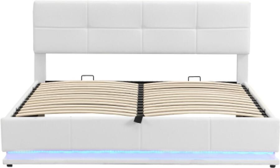 Gotagee Gestoffeerd bed 180x200 cm met LED-verlichting & hydraulisch opklapbare bedopbergruimte bedstee & lattenbodembekleding van kunstleer tweepersoonsbed volwassene jeugdbed wit