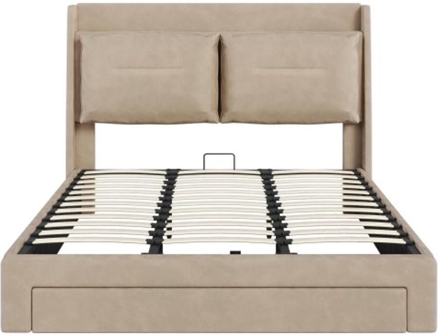 Gotagee Gestoffeerd bed 180x200 hydraulisch bed laden aan het einde van het bed verzonken LED-lichtstrips lattenbodem zonder matras fluweel beige