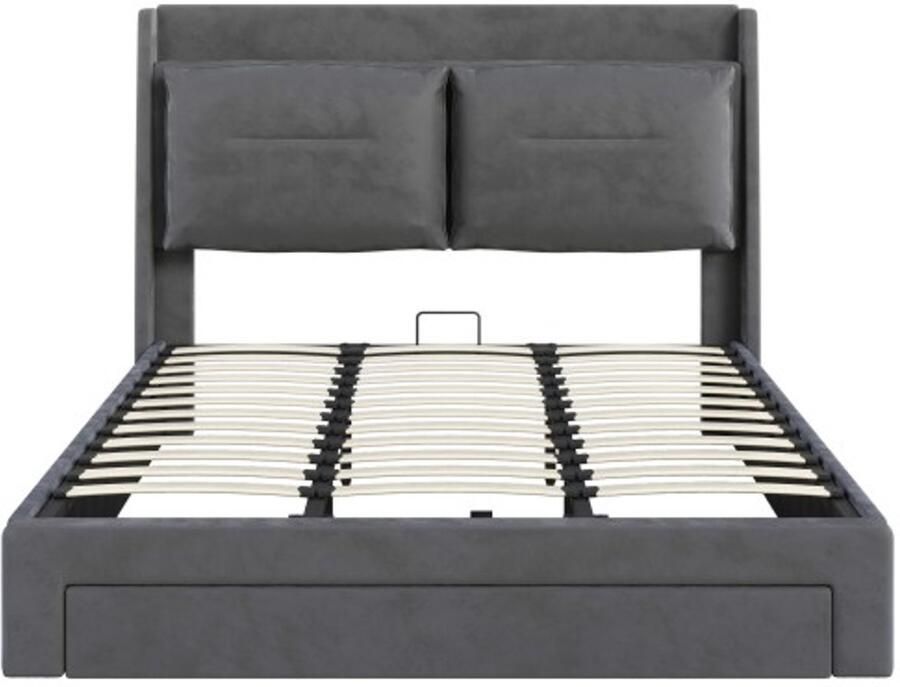 Gotagee Gestoffeerd bed 180x200 hydraulisch bed laden aan het einde van het bed verzonken LED-lichtstrips lattenbodem zonder matras fluweel donkergrijs