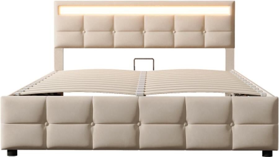 Gotagee Gestoffeerd bed 180x200cm ledverlichting lattenbodem hydraulisch eenpersoonsbed fluwelen stof beige