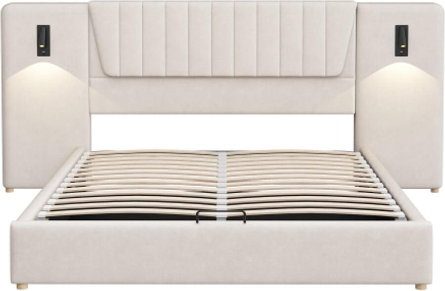 Gotagee Gestoffeerd bed 180x200cm met extra lange rugleuning leeslamp met verstelbare richting met USB-oplaadpoort hydraulisch opbergbed tweepersoonsbed fluwelen stof beige