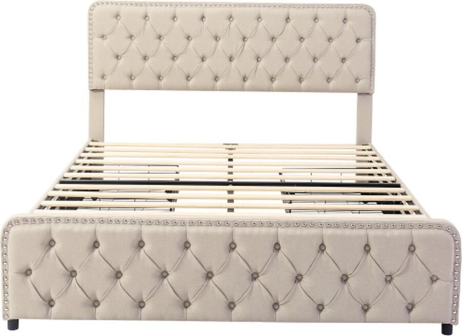 Gotagee Gestoffeerd bed 180X200cm tweepersoonsbed met vier laden in hoogte verstelbaar hoofdeinde treklussen en klinknagels aan hoofd- en voeteneinde lattenbodem van hout linnen