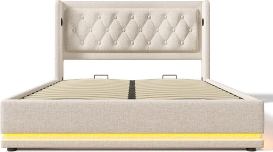 Gotagee Gestoffeerd bed 160x200cm tweepersoonsbed (zonder matras) beige katoen hydraulisch opbergbed met USB Type-C oplaadfunctie en 3-zijdige LED-functie