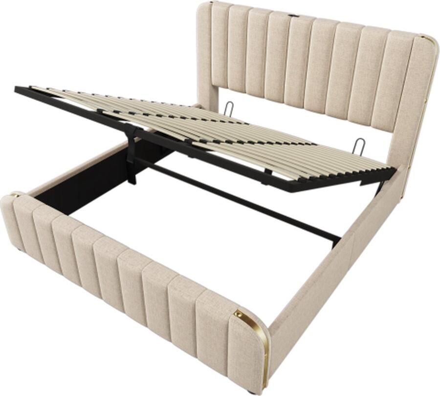 Gotagee Gestoffeerd bed 180x200cm tweepersoonsbed (zonder matras) Beige linnen Hydraulisch opbergbed Met gouden sierstrepen Met USB Type-C oplaadfunctie