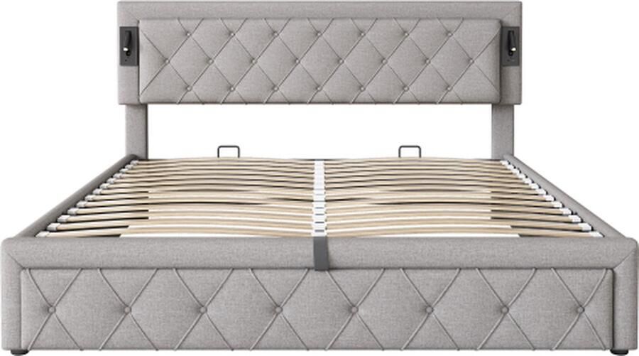 Gotagee Gestoffeerd bed 180x200cm tweepersoonsbed (zonder matras) hydraulische opbergruimte beddengoed grijs met downlight en USB-interface ruitvormig hoofdeinde