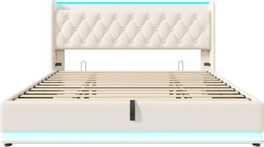 Gotagee Gestoffeerd bed 180x200cm tweepersoonsbed (zonder matras) wit PU hydraulisch opbergbed met USB type-C oplaadfunctie en 360-surround LED met app afstandsbediening
