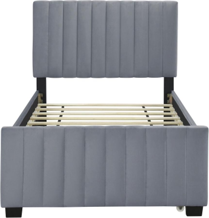 Gotagee Gestoffeerd bed 90 x 190 cm met uitschuifbaar bed vlak eenpersoonsbed in fluwelen stof kinderbed jeugdbed logeerbed (grijs)