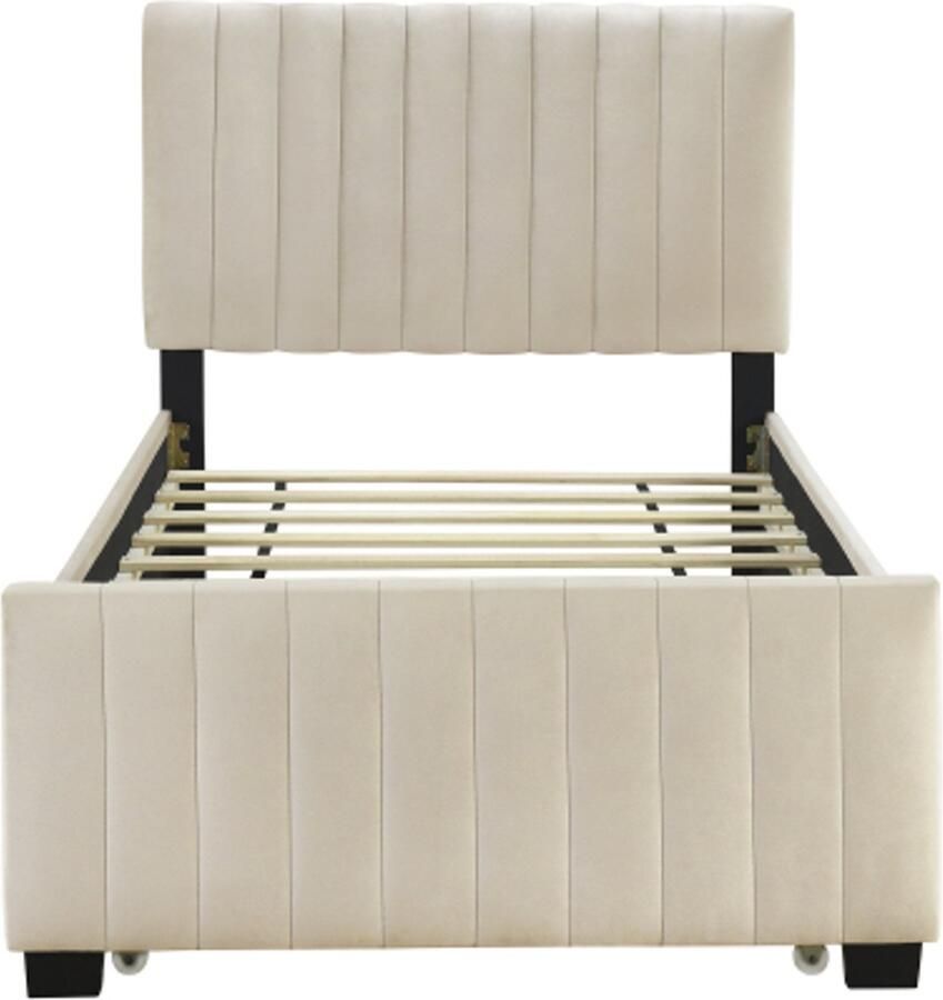 Gotagee Gestoffeerd bed 90 x 190 cm met uitschuifbaar bed vlak eenpersoonsbed in fluwelen stof kinderbed jeugdbed logeerbed (beige)