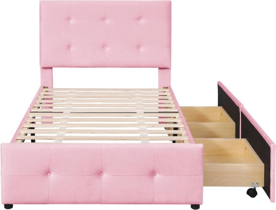 Gotagee Gestoffeerd bed 90 x 200 cm bed met lattenbodem rugleuning en twee lades fluwelen stof vlak eenpersoonsbed kinderbed jeugdbed logeerbed (roze)