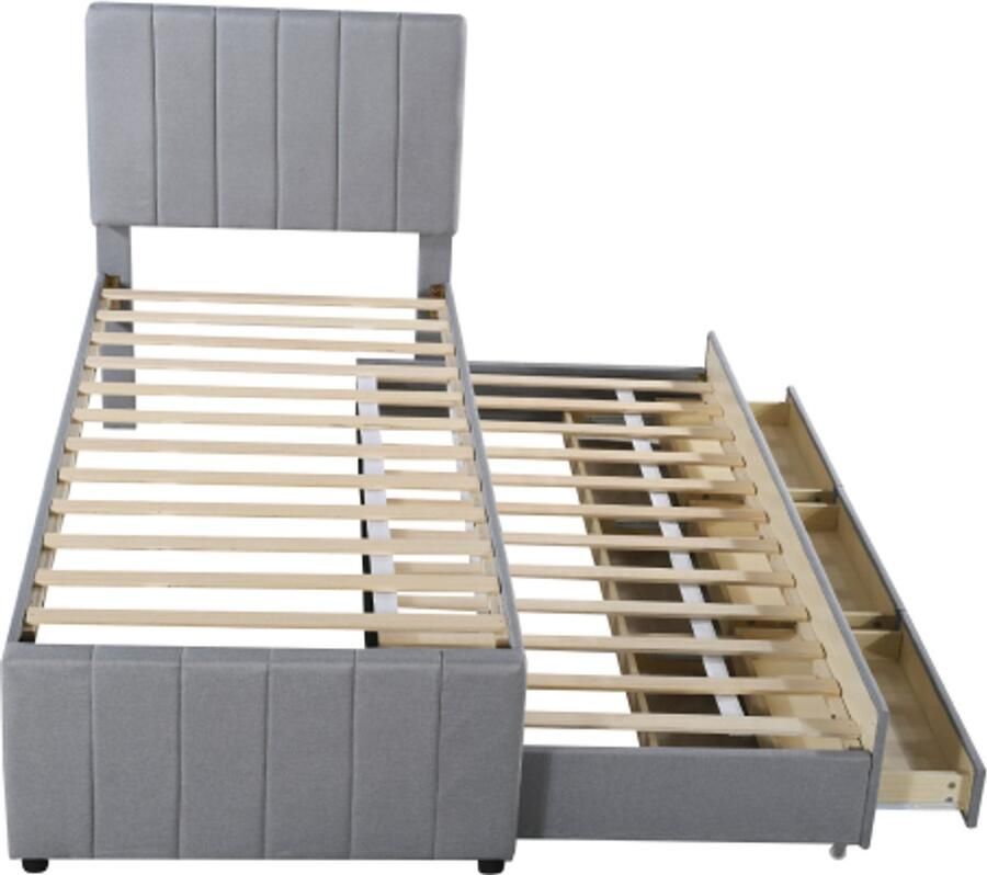 Gotagee Gestoffeerd bed 90 x 200 cm met uitschuifbed en opberglades linnen bekleding vlak eenpersoonsbed kinderbed jeugdbed logeerbed (grijs)