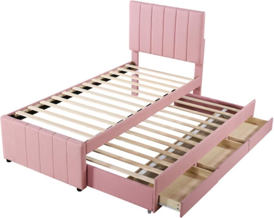 Gotagee Gestoffeerd bed 90 x 200 cm met uitschuifbed en opberglades linnen bekleding vlak eenpersoonsbed kinderbed jeugdbed logeerbed (roze)