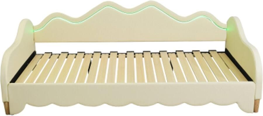 Gotagee Gestoffeerd bed 90(180)x190cm 2-in-1 slaapbank kinderbed van kunstleer met LED-verlichting met lattenbodem beige
