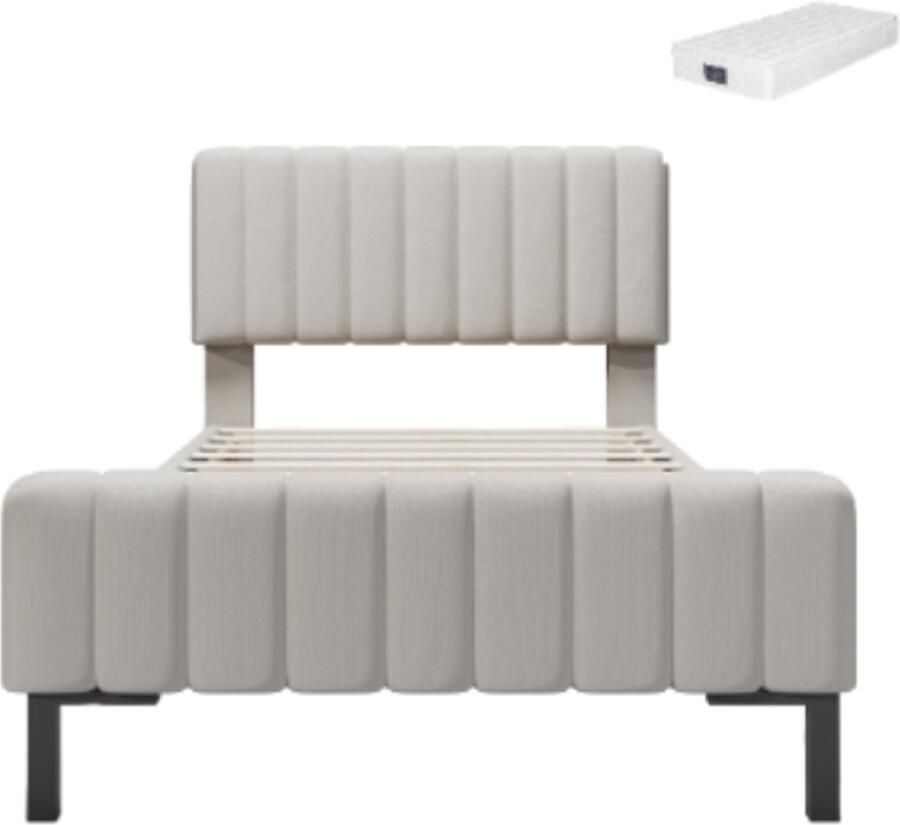 Gotagee Gestoffeerd Bed 90×200 cm Eenpersoonsbed Met Matras Grijs-Beige Linnen Verstelbaar Hoofdbord Lattenbodem