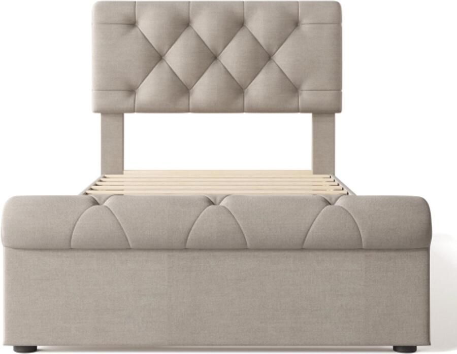 Gotagee Gestoffeerd bed 90x200 cm Eenpersoonsbed Met lattenbodem en 2 lades Verstelbaar hoofdbord Chesterfield Multifunctioneel bed Natuurlijk Zonder matras