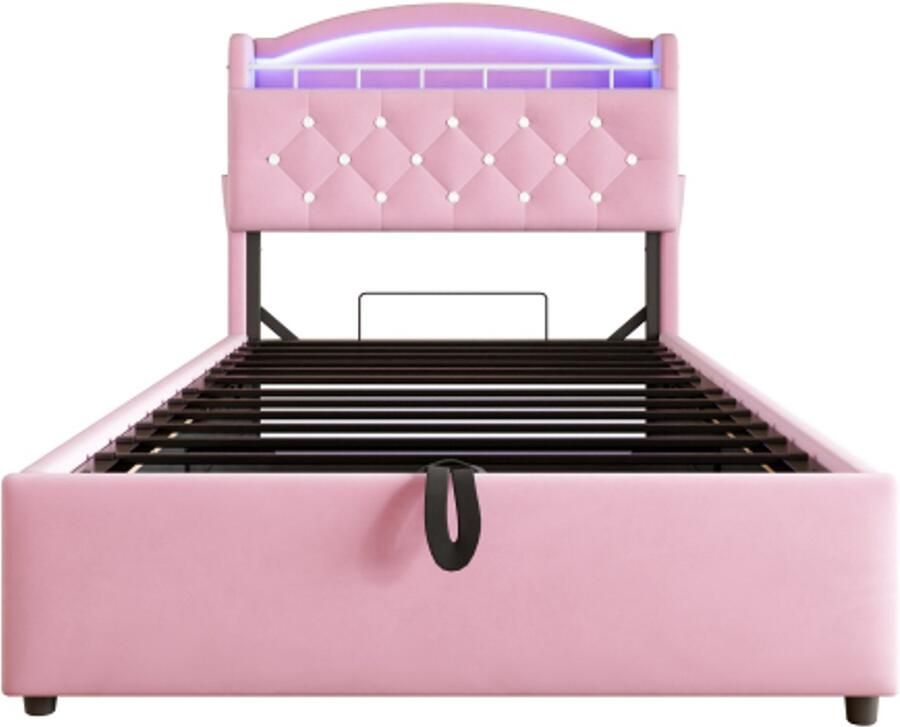 Gotagee Gestoffeerd bed 90x200 fluwelen eenpersoonsbed multifunctioneel bed met opbergruimte met LED en USB roze