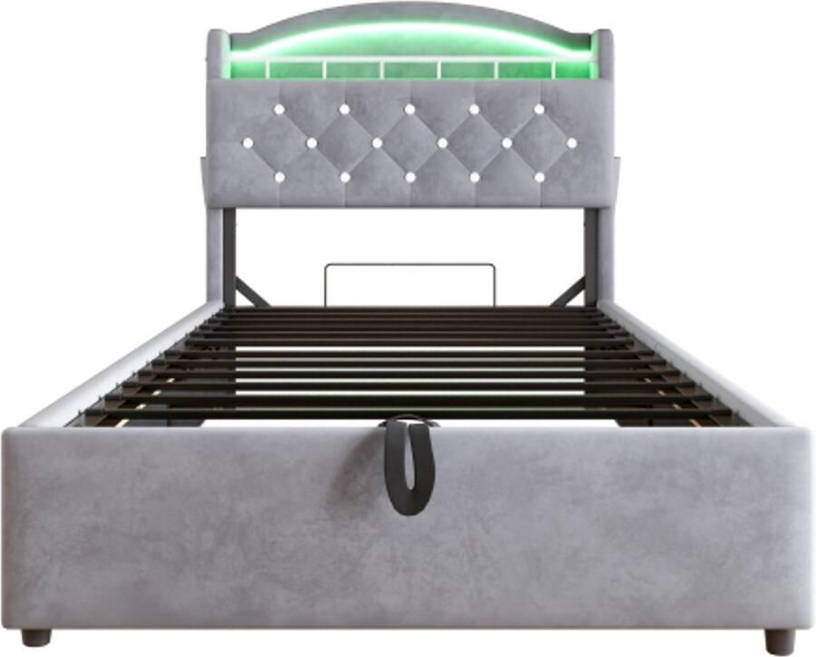 Gotagee Gestoffeerd bed 90x200 fluwelen eenpersoonsbed multifunctioneel bed met opbergruimte met LED en USB grijs
