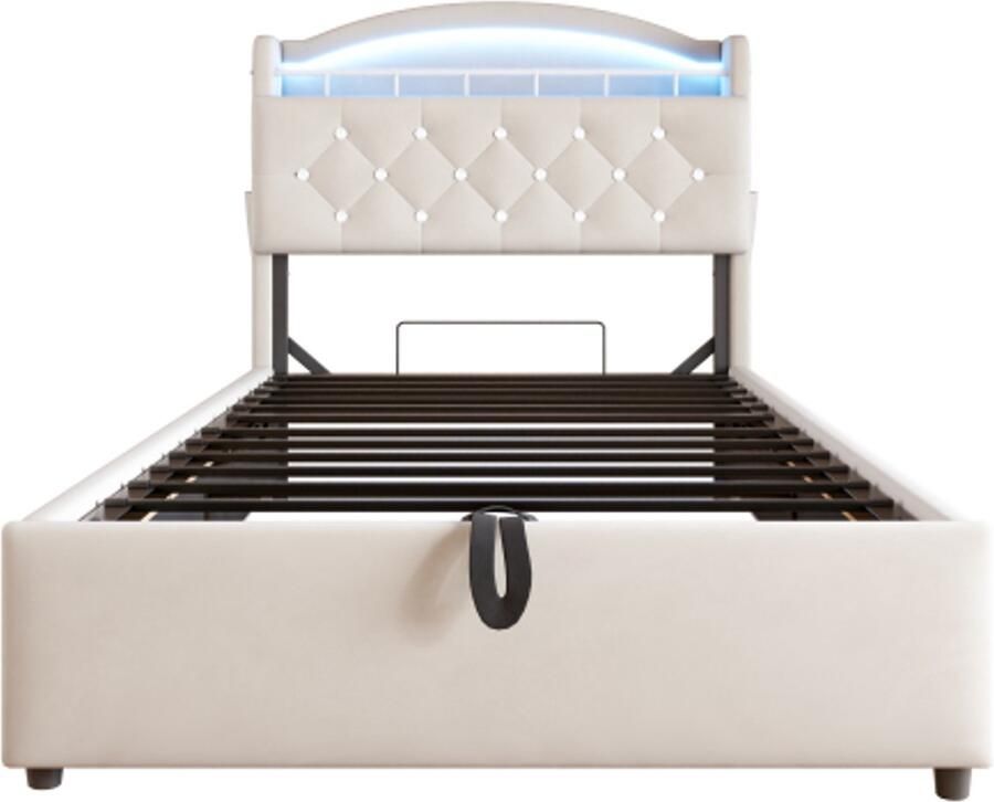 Gotagee Gestoffeerd bed 90x200 fluwelen eenpersoonsbed multifunctioneel bed met opbergruimte met LED en USB beige