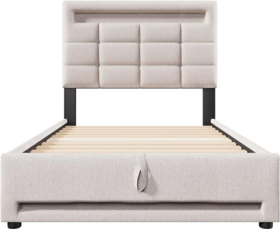 Gotagee Gestoffeerd bed 90x200cm APP-afstandsbediening met LED-verlichting hydraulische ondersteuning zonder matras met USB-aansluiting linnen beige