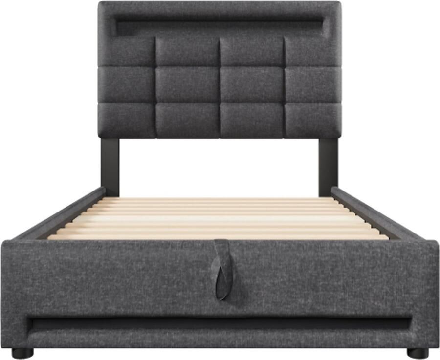 Gotagee Gestoffeerd bed 90x200cm APP-afstandsbediening met LED-verlichting hydraulische ondersteuning zonder matras met USB-aansluiting linnen grijs