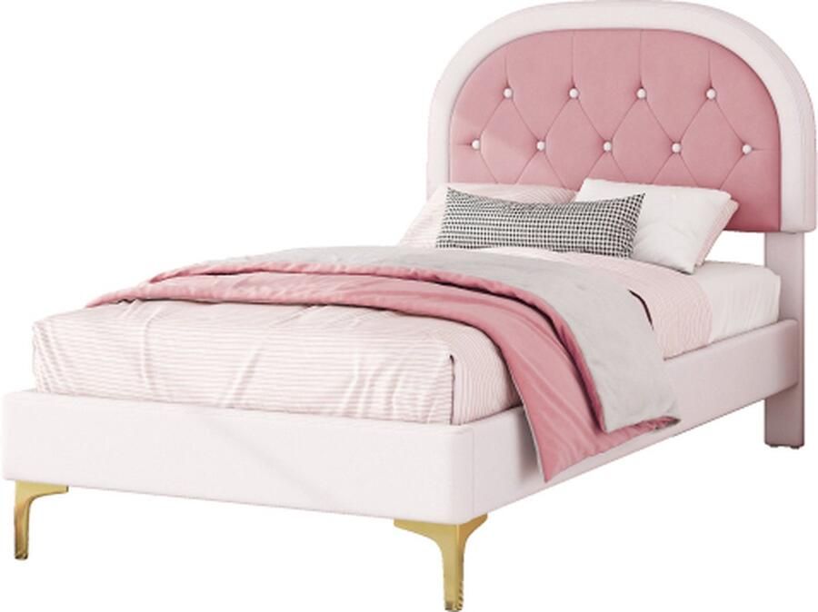 Gotagee Gestoffeerd bed 90x200cm bed met lattenbodem (zonder matras) bed met metalen poten gebogen hoofdeinde fluweel