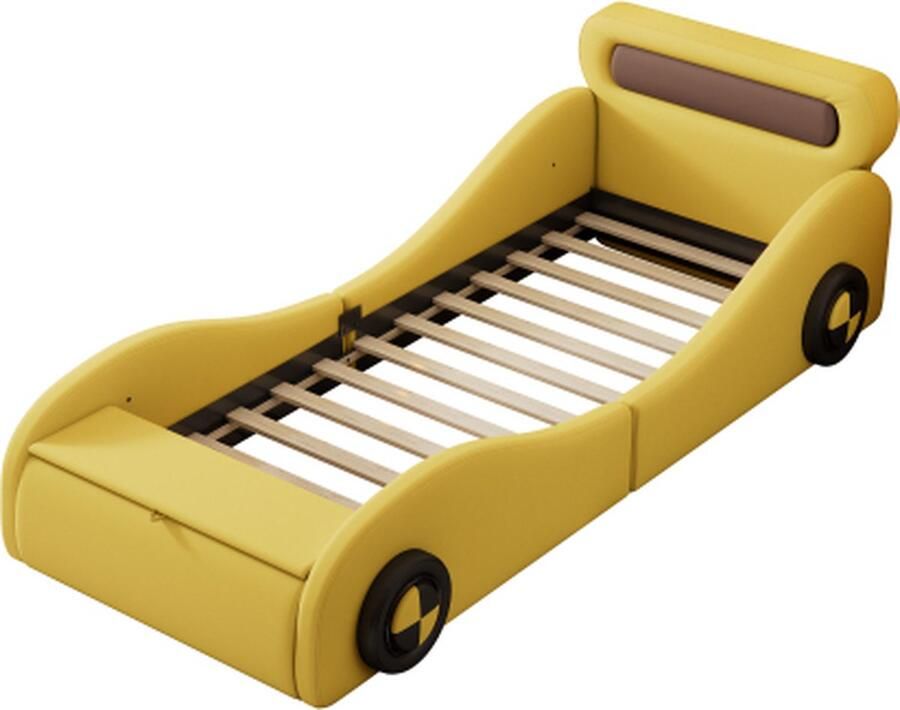 Gotagee Gestoffeerd bed 90x200cm eenpersoonsbed kinderbed jeugdbed met opbergruimte PU met lichtgevende wielen en opbergruimte Zonder matras logeerbed slaapkamermeubel