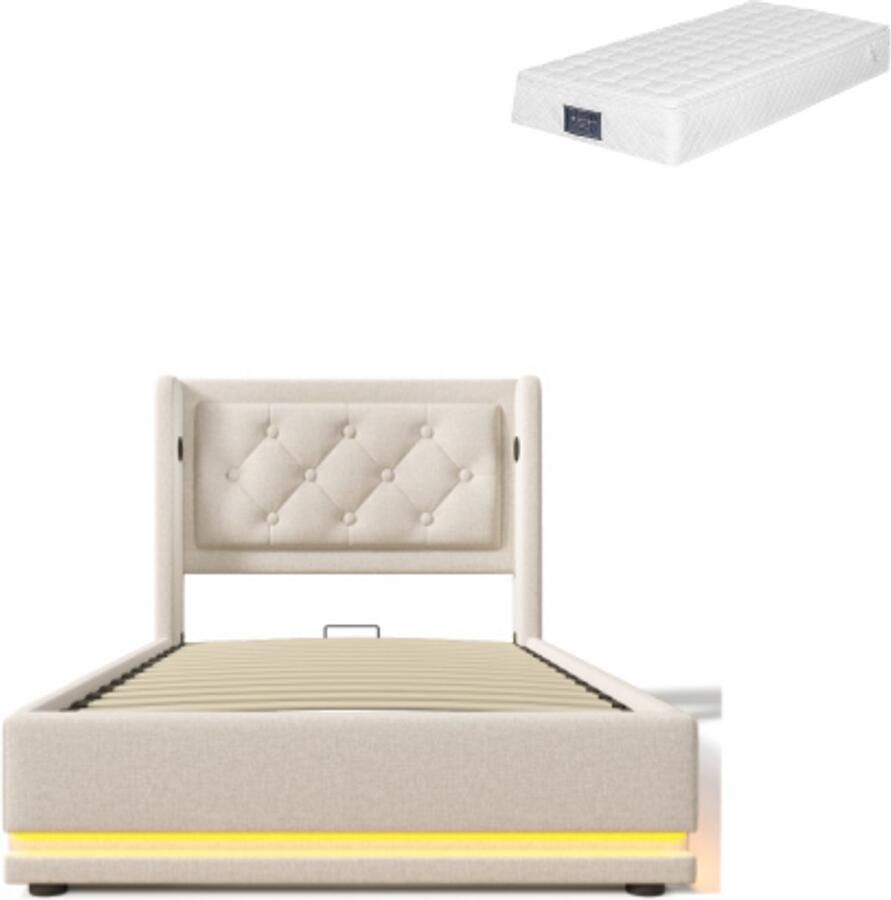 Gotagee Gestoffeerd bed 90x200cm eenpersoonsbed (met matras) Beige katoen hydraulisch opbergbed met USB Type-C oplaadfunctie en 3-zijdige LED-functie