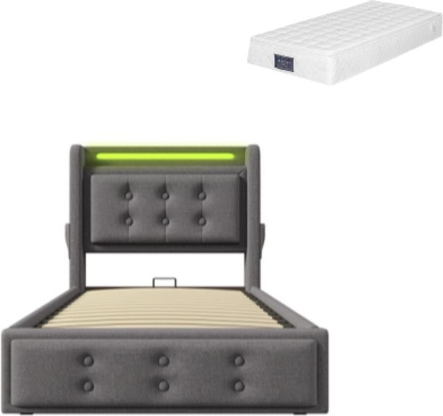 Gotagee Gestoffeerd bed 90x200cm eenpersoonsbed (met matras) grijs katoen hydraulisch bed met LED en USB C oplaadfunctie met lattenbodem en metalen frame