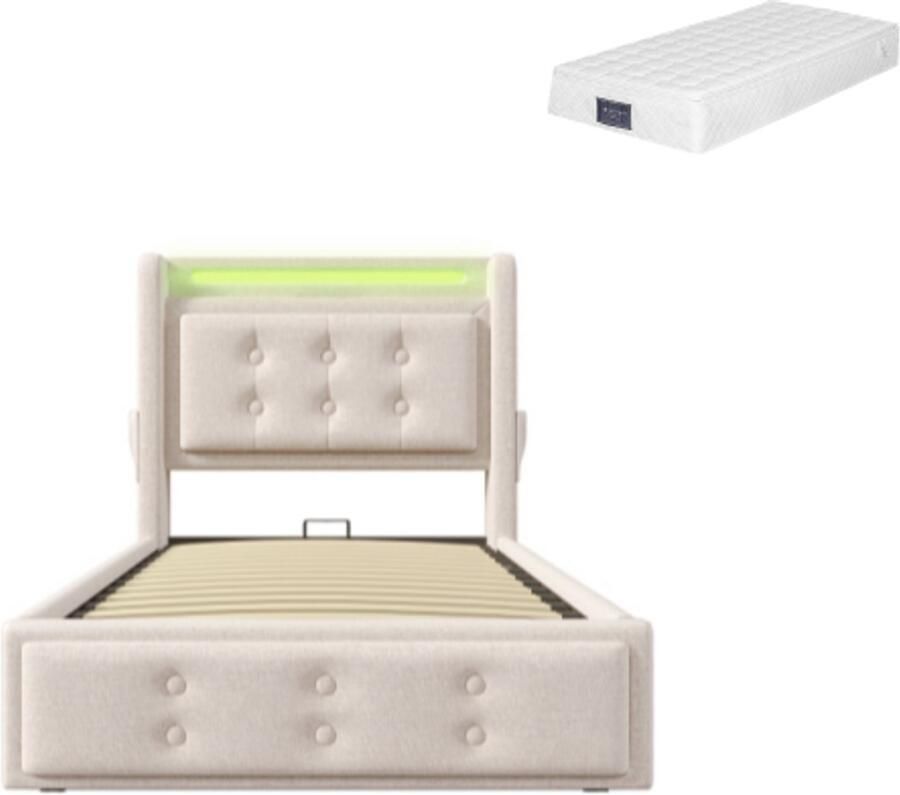 Gotagee Gestoffeerd bed 90x200cm eenpersoonsbed (met matras) katoen hydraulisch bed met LED en USB C oplaadfunctie met lattenbodem en metalen frame