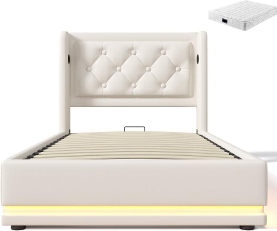 Gotagee Gestoffeerd bed 90x200cm eenpersoonsbed (met matras) wit PU hydraulisch opbergbed met USB Type-C oplaadfunctie en 3-zijdige LED-functie