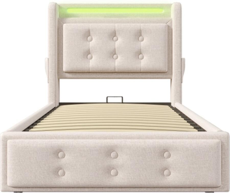 Gotagee Gestoffeerd bed 90x200cm Eenpersoonsbed (zonder matras) Beige katoen Hydraulisch bed Met LED en USB Type C Met houten lattenbodem en metalen frame