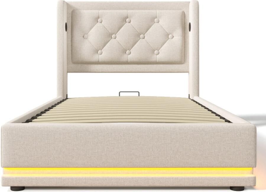 Gotagee Gestoffeerd bed 90x200cm eenpersoonsbed (zonder matras) beige katoen hydraulisch opbergbed met USB Type-C oplaadfunctie en 3-zijdige LED-functie